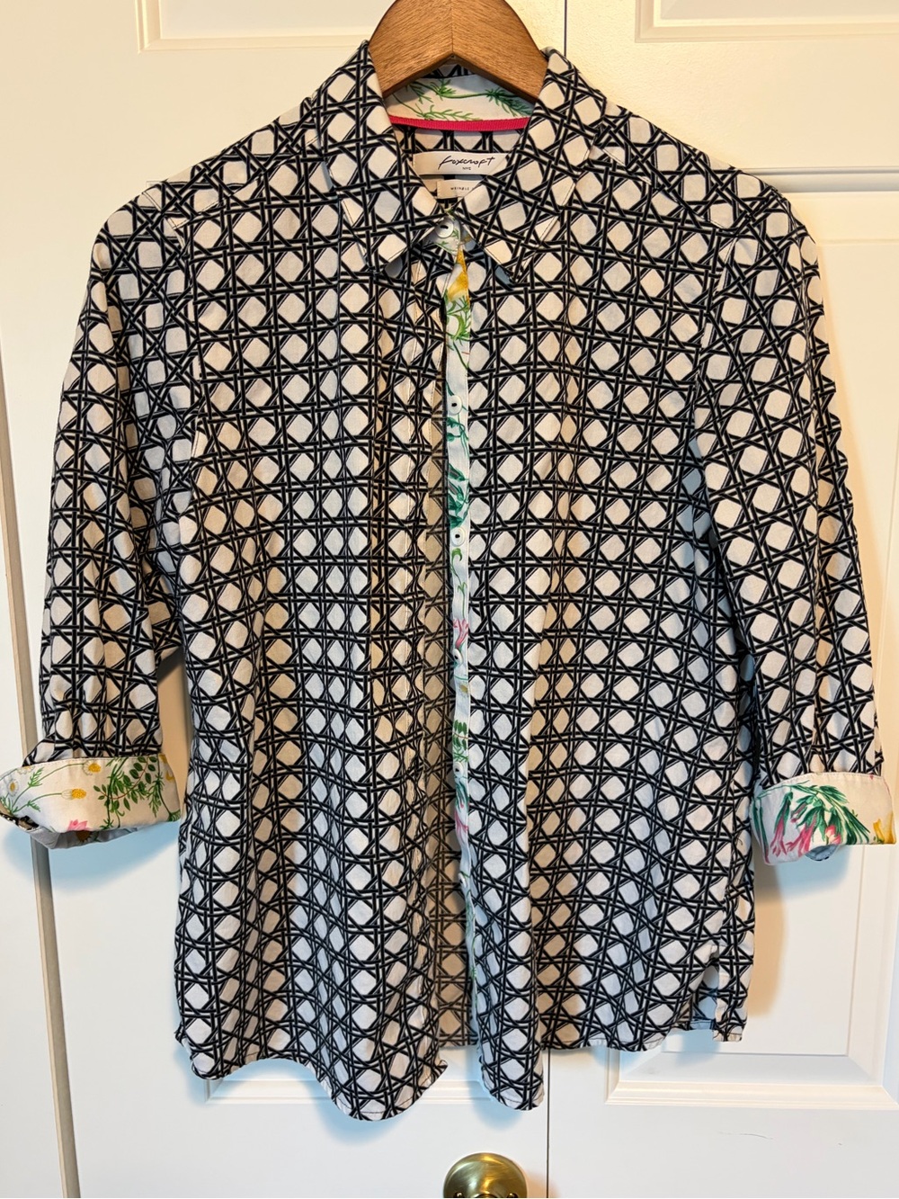 Foxcroft Black & White Geometric Button-Up with Floral Trim